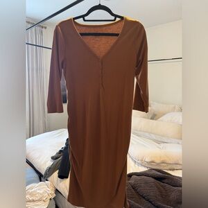 Brown V-Neck Buttoned Women's Dress